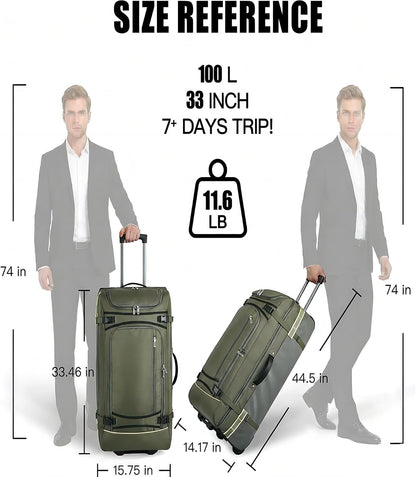 100L Extra Large Rolling Duffel Bag with Wheels and Handle – 33" Heavy-Duty 1600D PVC Checked Luggage for Business Travel, Men’s Week-Long Trips & Student Relocation, Foldable Base Design (Army Green)