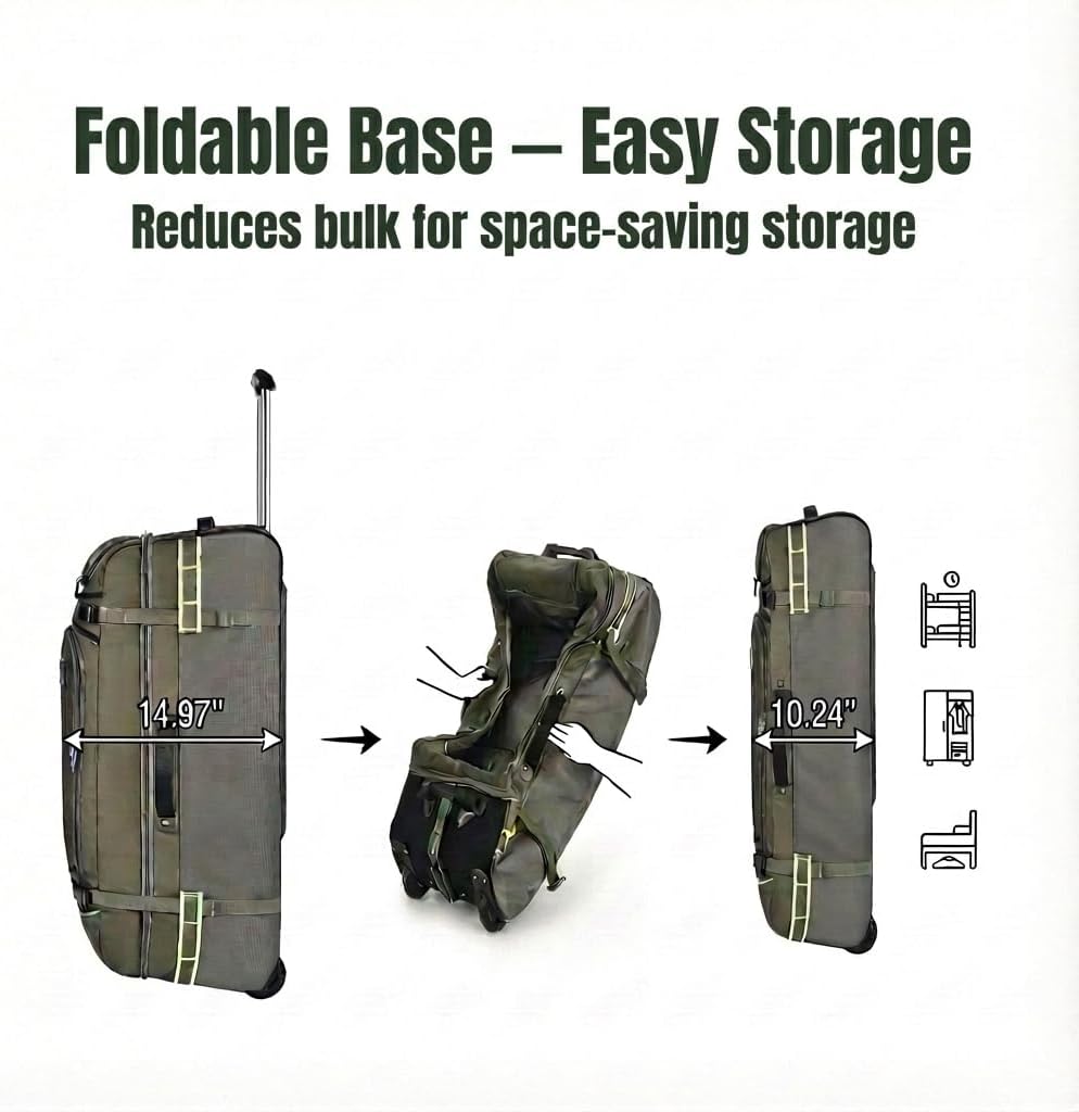 100L Extra Large Rolling Duffel Bag with Wheels and Handle – 33" Heavy-Duty 1600D PVC Checked Luggage for Business Travel, Men’s Week-Long Trips & Student Relocation, Foldable Base Design (Army Green)
