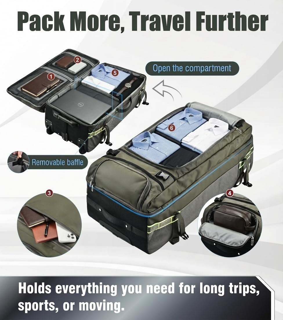 100L Extra Large Rolling Duffel Bag with Wheels and Handle – 33" Heavy-Duty 1600D PVC Checked Luggage for Business Travel, Men’s Week-Long Trips & Student Relocation, Foldable Base Design (Army Green)