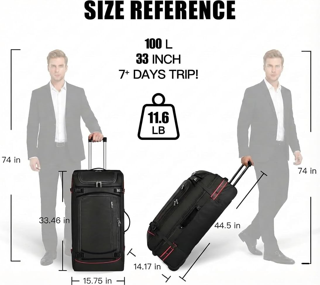 100L Extra Large Rolling Duffel Bag with Wheels and Handle – 33" Heavy-Duty 1600D PVC Checked Luggage for Business Travel, Men’s Week-Long Trips & Student Relocation, Foldable Base Design (Army Green)