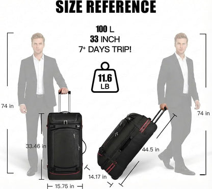 100L Extra Large Rolling Duffel Bag with Wheels and Handle – 33" Heavy-Duty 1600D PVC Checked Luggage for Business Travel, Men’s Week-Long Trips & Student Relocation, Foldable Base Design (Army Green)