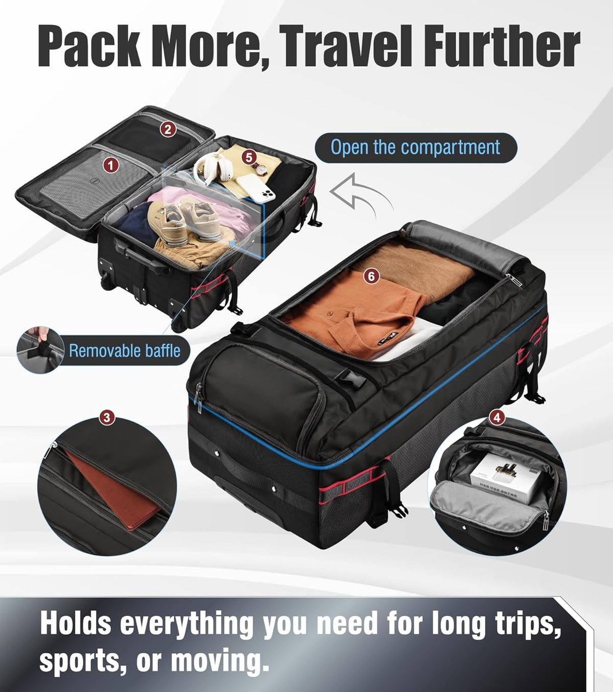 100L Extra Large Rolling Duffel Bag with Wheels and Handle – 33" Heavy-Duty 1600D PVC Checked Luggage for Business Travel, Men’s Week-Long Trips & Student Relocation, Foldable Base Design (Army Green)