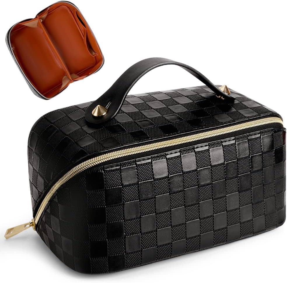 Cessfle Large Capacity Travel Cosmetic Bag Plaid Checkered Makeup Bag Portable Leather Waterproof Skincare Bag with Handle and Divider for Women 01-Pink