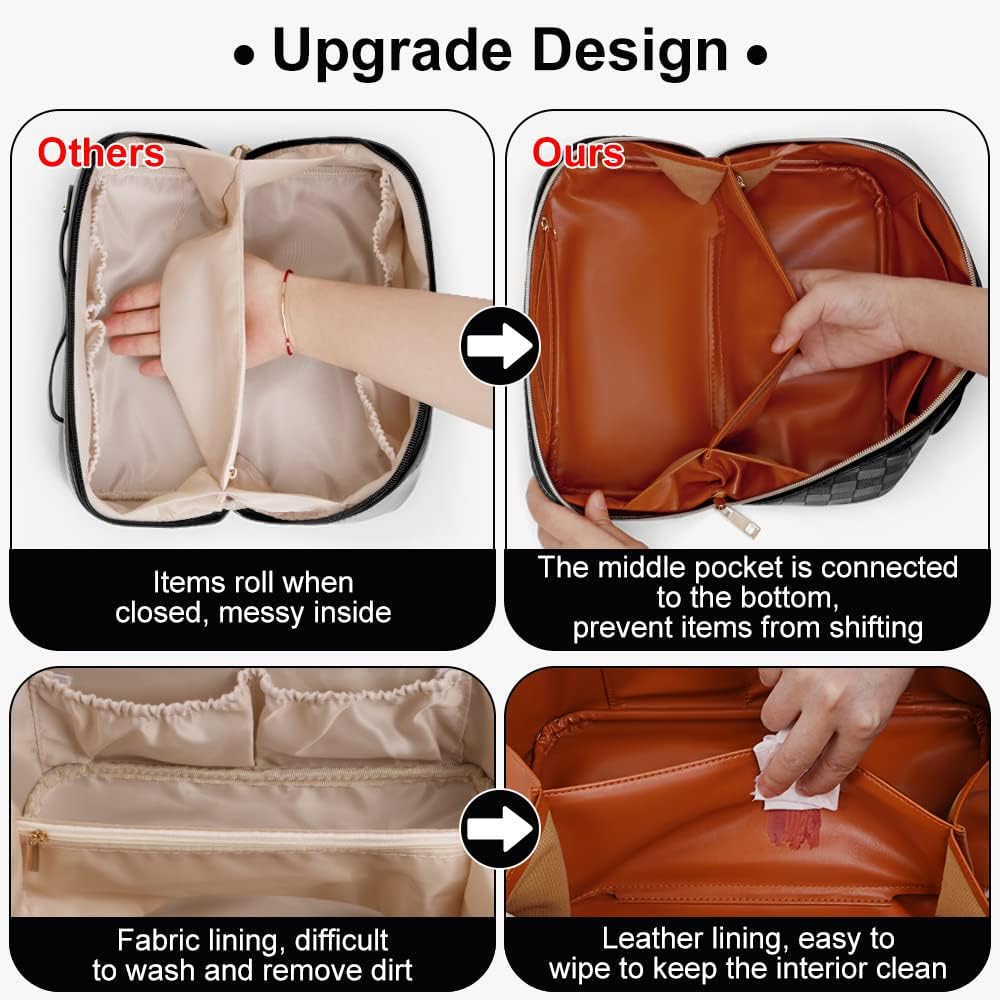 Cessfle Large Capacity Travel Cosmetic Bag Plaid Checkered Makeup Bag Portable Leather Waterproof Skincare Bag with Handle and Divider for Women 01-Pink