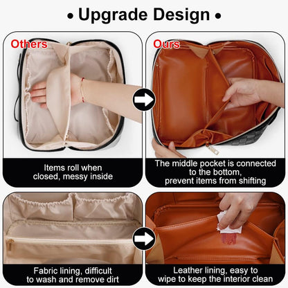 Cessfle Large Capacity Travel Cosmetic Bag Plaid Checkered Makeup Bag Portable Leather Waterproof Skincare Bag with Handle and Divider for Women 01-Pink