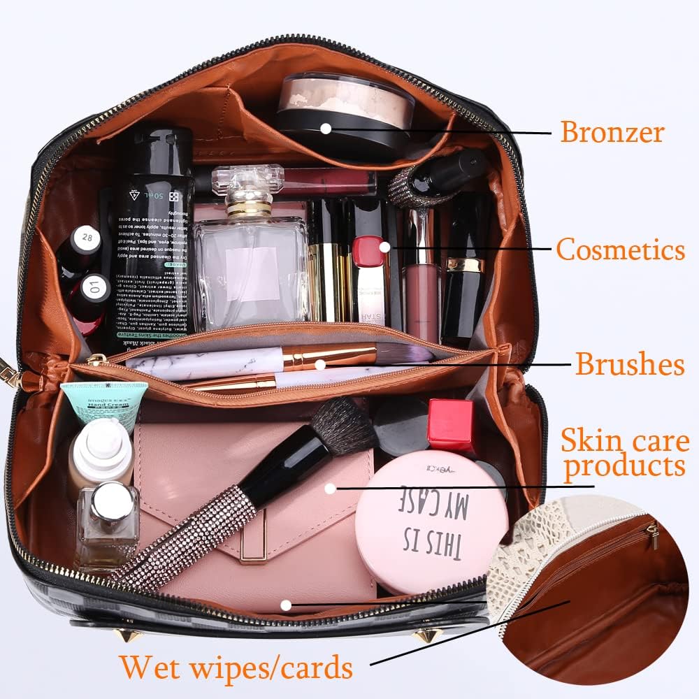 Cessfle Large Capacity Travel Cosmetic Bag Plaid Checkered Makeup Bag Portable Leather Waterproof Skincare Bag with Handle and Divider for Women 01-Pink
