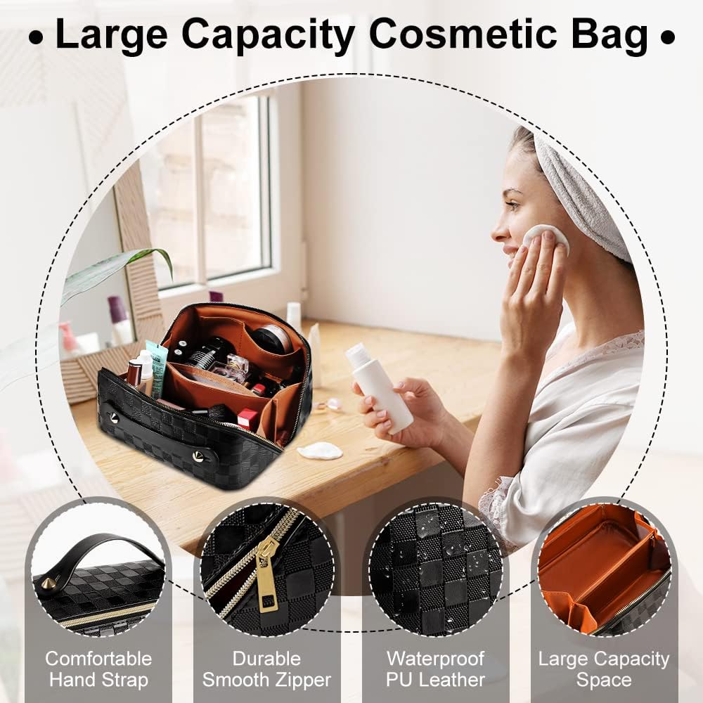 Cessfle Large Capacity Travel Cosmetic Bag Plaid Checkered Makeup Bag Portable Leather Waterproof Skincare Bag with Handle and Divider for Women 01-Pink