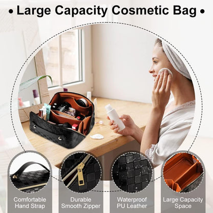Cessfle Large Capacity Travel Cosmetic Bag Plaid Checkered Makeup Bag Portable Leather Waterproof Skincare Bag with Handle and Divider for Women 01-Pink