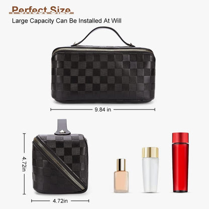 Cessfle Large Capacity Travel Cosmetic Bag Plaid Checkered Makeup Bag Portable Leather Waterproof Skincare Bag with Handle and Divider for Women 01-Pink