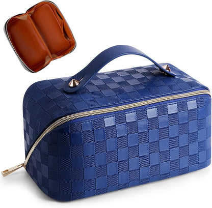Cessfle Large Capacity Travel Cosmetic Bag Plaid Checkered Makeup Bag Portable Leather Waterproof Skincare Bag with Handle and Divider for Women 01-Pink