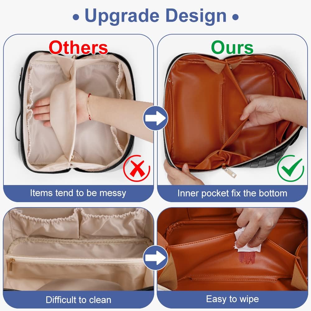 Cessfle Large Capacity Travel Cosmetic Bag Plaid Checkered Makeup Bag Portable Leather Waterproof Skincare Bag with Handle and Divider for Women 01-Pink