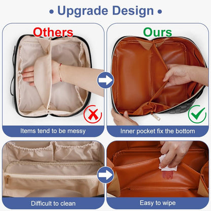 Cessfle Large Capacity Travel Cosmetic Bag Plaid Checkered Makeup Bag Portable Leather Waterproof Skincare Bag with Handle and Divider for Women 01-Pink