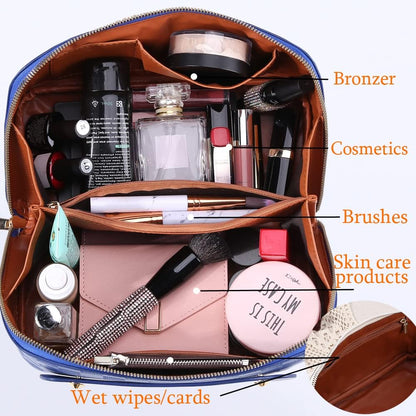 Cessfle Large Capacity Travel Cosmetic Bag Plaid Checkered Makeup Bag Portable Leather Waterproof Skincare Bag with Handle and Divider for Women 01-Pink