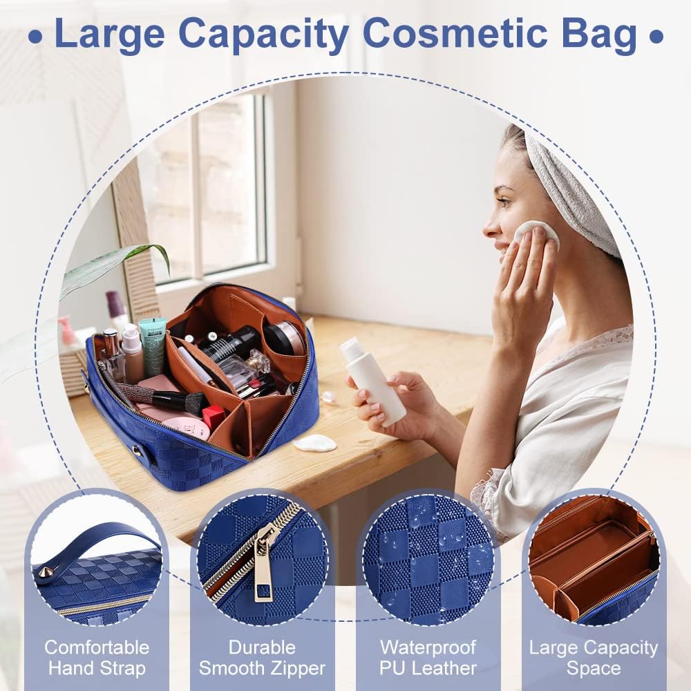 Cessfle Large Capacity Travel Cosmetic Bag Plaid Checkered Makeup Bag Portable Leather Waterproof Skincare Bag with Handle and Divider for Women 01-Pink