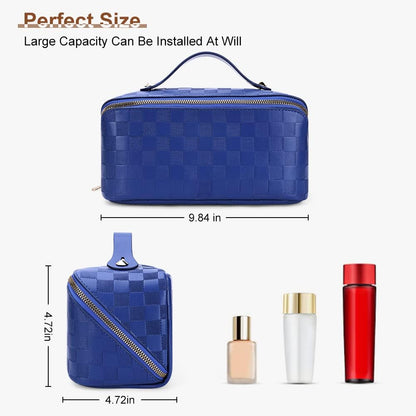 Cessfle Large Capacity Travel Cosmetic Bag Plaid Checkered Makeup Bag Portable Leather Waterproof Skincare Bag with Handle and Divider for Women 01-Pink