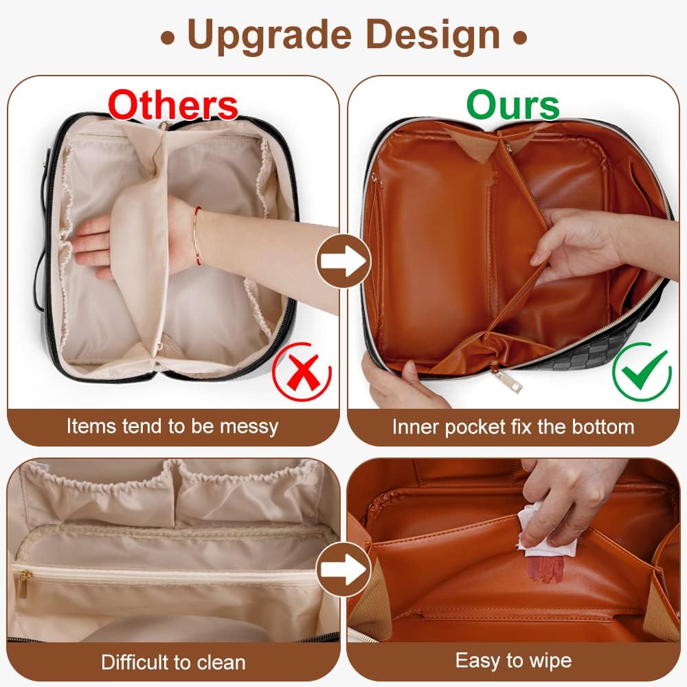 Cessfle Large Capacity Travel Cosmetic Bag Plaid Checkered Makeup Bag Portable Leather Waterproof Skincare Bag with Handle and Divider for Women 01-Pink