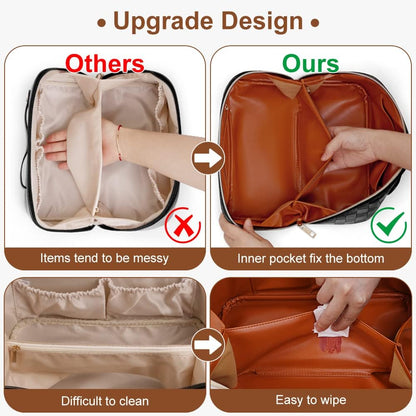 Cessfle Large Capacity Travel Cosmetic Bag Plaid Checkered Makeup Bag Portable Leather Waterproof Skincare Bag with Handle and Divider for Women 01-Pink