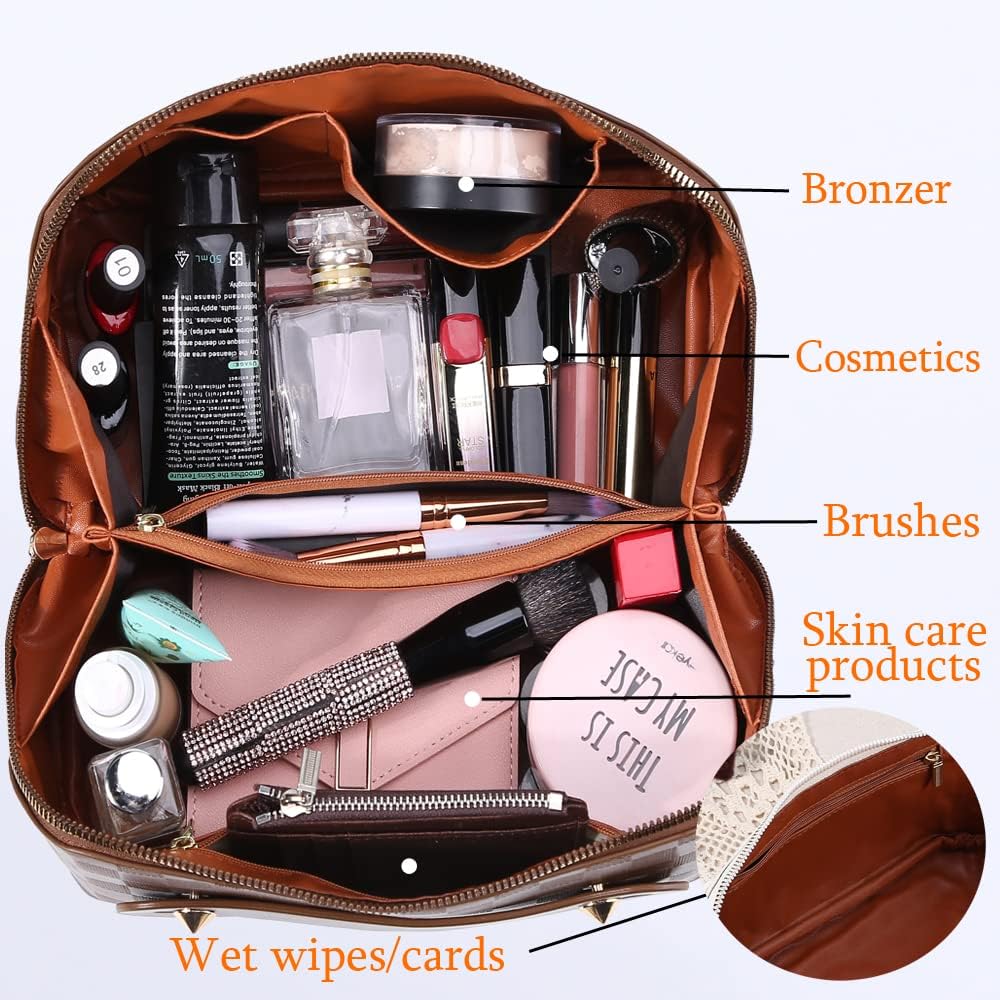Cessfle Large Capacity Travel Cosmetic Bag Plaid Checkered Makeup Bag Portable Leather Waterproof Skincare Bag with Handle and Divider for Women 01-Pink