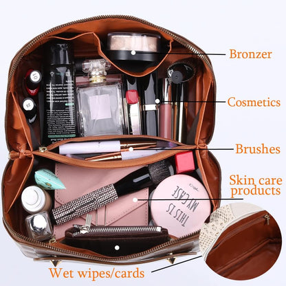Cessfle Large Capacity Travel Cosmetic Bag Plaid Checkered Makeup Bag Portable Leather Waterproof Skincare Bag with Handle and Divider for Women 01-Pink