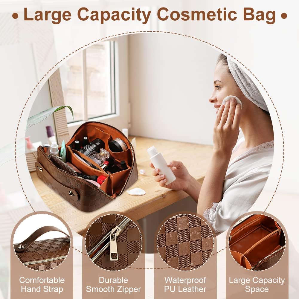 Cessfle Large Capacity Travel Cosmetic Bag Plaid Checkered Makeup Bag Portable Leather Waterproof Skincare Bag with Handle and Divider for Women 01-Pink