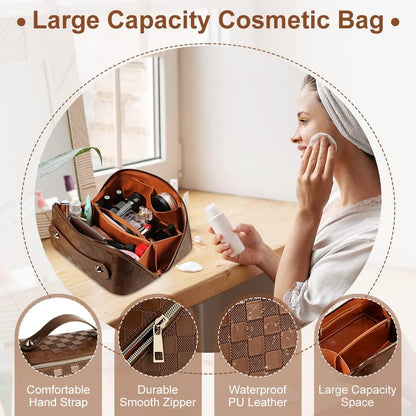 Cessfle Large Capacity Travel Cosmetic Bag Plaid Checkered Makeup Bag Portable Leather Waterproof Skincare Bag with Handle and Divider for Women 01-Pink
