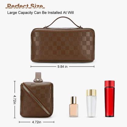 Cessfle Large Capacity Travel Cosmetic Bag Plaid Checkered Makeup Bag Portable Leather Waterproof Skincare Bag with Handle and Divider for Women 01-Pink