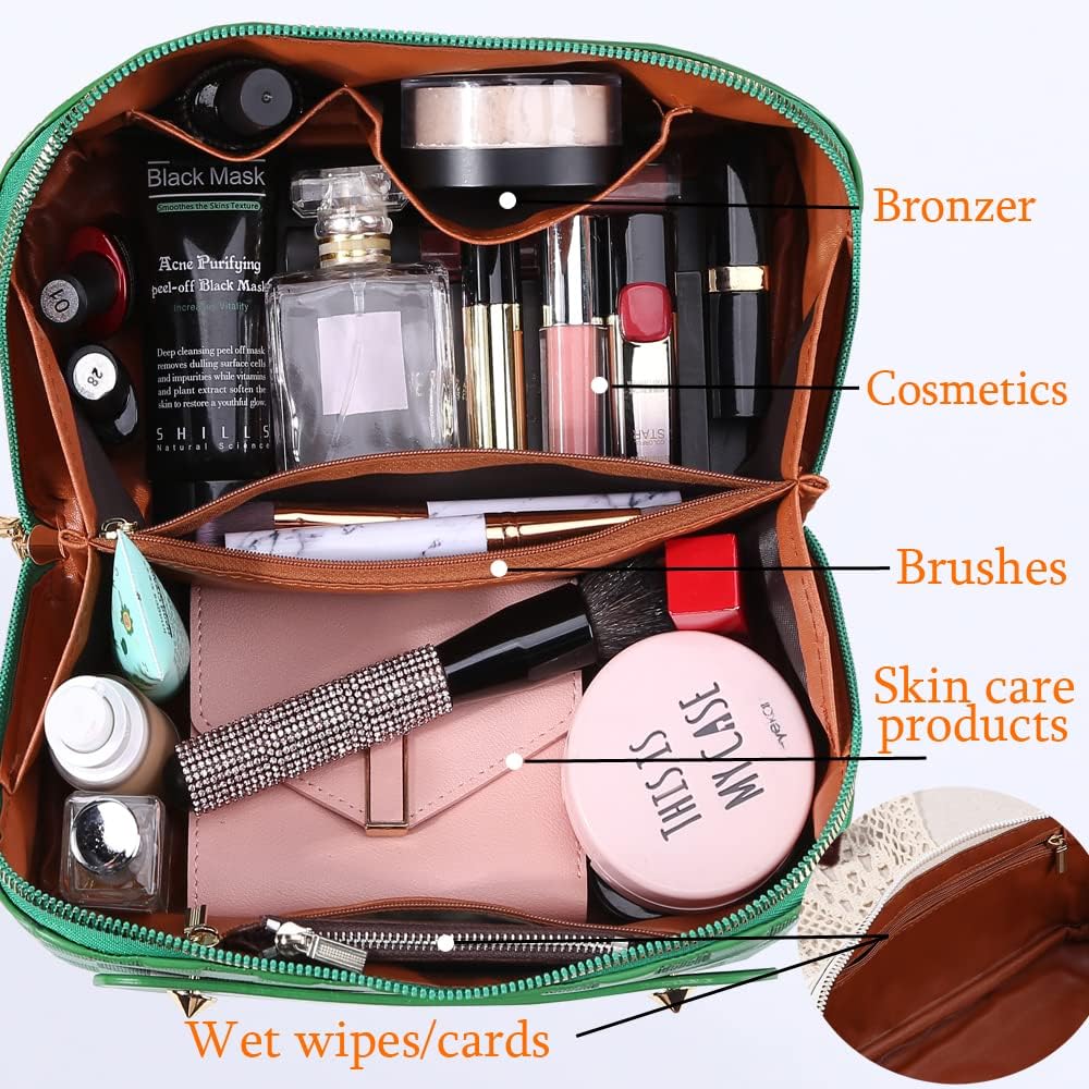 Cessfle Large Capacity Travel Cosmetic Bag Plaid Checkered Makeup Bag Portable Leather Waterproof Skincare Bag with Handle and Divider for Women 01-Pink