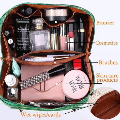 Cessfle Large Capacity Travel Cosmetic Bag Plaid Checkered Makeup Bag Portable Leather Waterproof Skincare Bag with Handle and Divider for Women 01-Pink