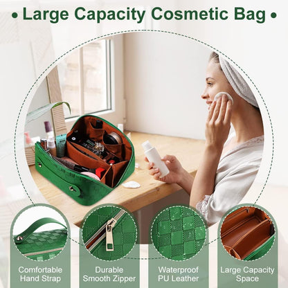 Cessfle Large Capacity Travel Cosmetic Bag Plaid Checkered Makeup Bag Portable Leather Waterproof Skincare Bag with Handle and Divider for Women 01-Pink