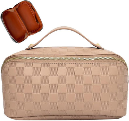 Cessfle Large Capacity Travel Cosmetic Bag Plaid Checkered Makeup Bag Portable Leather Waterproof Skincare Bag with Handle and Divider for Women 01-Pink