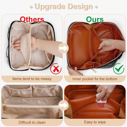 Cessfle Large Capacity Travel Cosmetic Bag Plaid Checkered Makeup Bag Portable Leather Waterproof Skincare Bag with Handle and Divider for Women 01-Pink