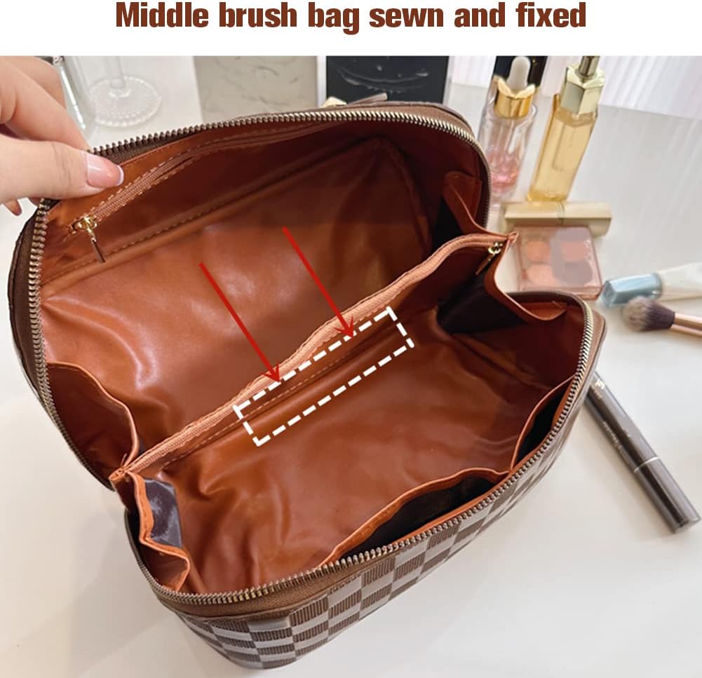 Cessfle Large Capacity Travel Cosmetic Bag Plaid Checkered Makeup Bag Portable Leather Waterproof Skincare Bag with Handle and Divider for Women 01-Pink