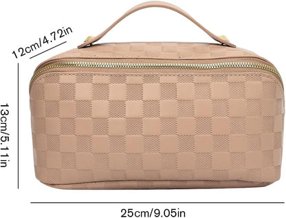 Cessfle Large Capacity Travel Cosmetic Bag Plaid Checkered Makeup Bag Portable Leather Waterproof Skincare Bag with Handle and Divider for Women 01-Pink