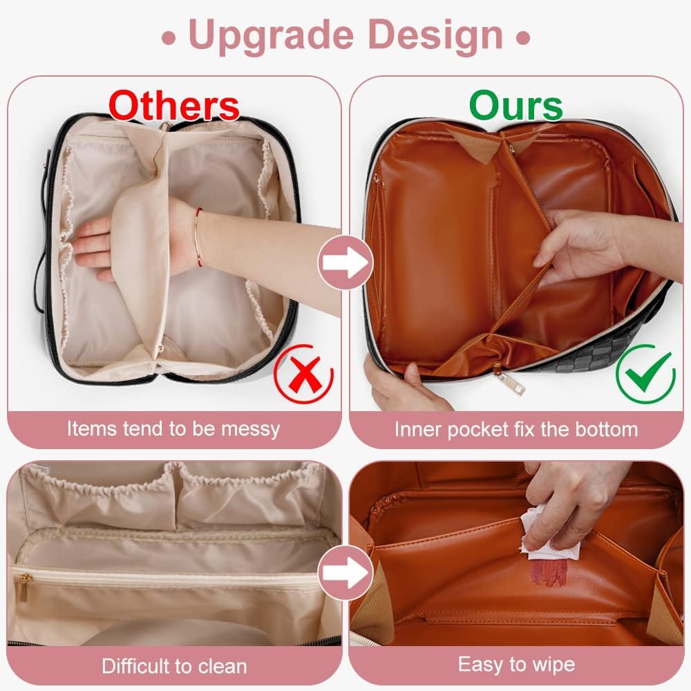 Cessfle Large Capacity Travel Cosmetic Bag Plaid Checkered Makeup Bag Portable Leather Waterproof Skincare Bag with Handle and Divider for Women 01-Pink