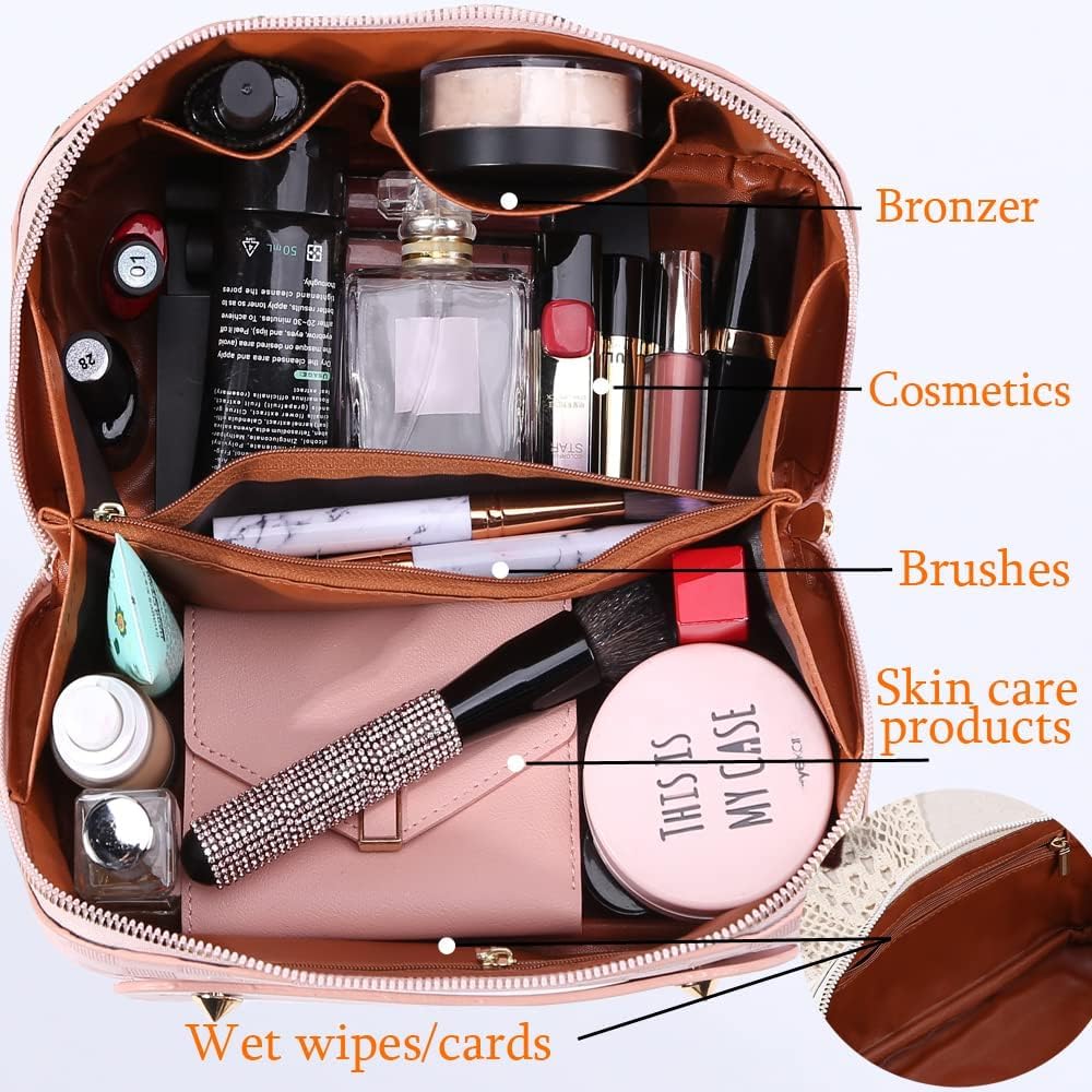Cessfle Large Capacity Travel Cosmetic Bag Plaid Checkered Makeup Bag Portable Leather Waterproof Skincare Bag with Handle and Divider for Women 01-Pink