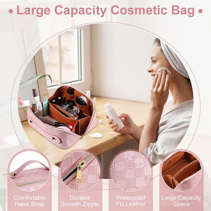 Cessfle Large Capacity Travel Cosmetic Bag Plaid Checkered Makeup Bag Portable Leather Waterproof Skincare Bag with Handle and Divider for Women 01-Pink