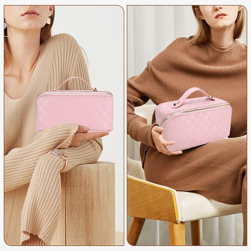 Cessfle Large Capacity Travel Cosmetic Bag Plaid Checkered Makeup Bag Portable Leather Waterproof Skincare Bag with Handle and Divider for Women 01-Pink