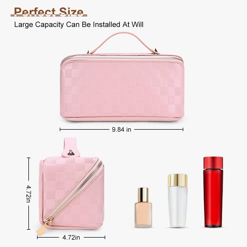 Cessfle Large Capacity Travel Cosmetic Bag Plaid Checkered Makeup Bag Portable Leather Waterproof Skincare Bag with Handle and Divider for Women 01-Pink