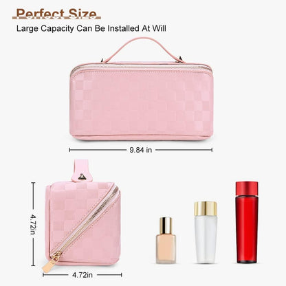 Cessfle Large Capacity Travel Cosmetic Bag Plaid Checkered Makeup Bag Portable Leather Waterproof Skincare Bag with Handle and Divider for Women 01-Pink