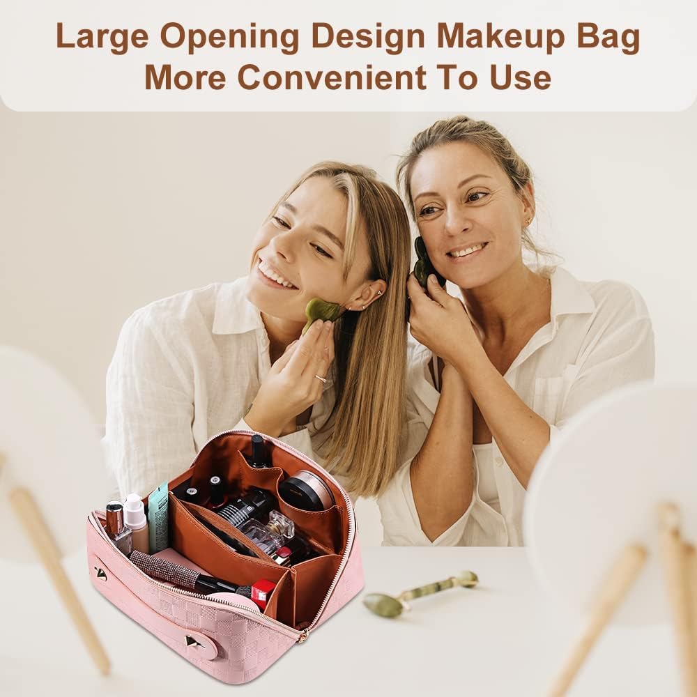 Cessfle Large Capacity Travel Cosmetic Bag Plaid Checkered Makeup Bag Portable Leather Waterproof Skincare Bag with Handle and Divider for Women 01-Pink