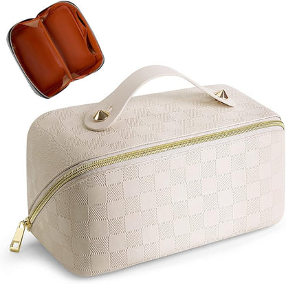 Cessfle Large Capacity Travel Cosmetic Bag Plaid Checkered Makeup Bag Portable Leather Waterproof Skincare Bag with Handle and Divider for Women 01-Pink