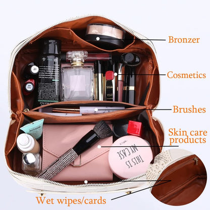 Cessfle Large Capacity Travel Cosmetic Bag Plaid Checkered Makeup Bag Portable Leather Waterproof Skincare Bag with Handle and Divider for Women 01-Pink