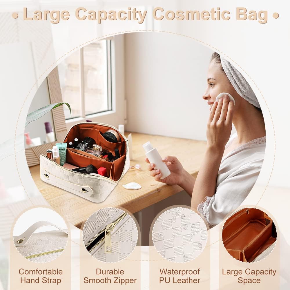 Cessfle Large Capacity Travel Cosmetic Bag Plaid Checkered Makeup Bag Portable Leather Waterproof Skincare Bag with Handle and Divider for Women 01-Pink