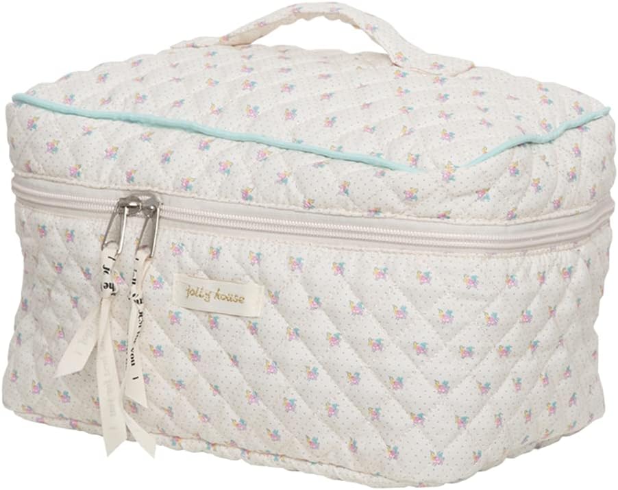 Cessfle Large Capacity Travel Cosmetic Bag Plaid Checkered Makeup Bag Portable Leather Waterproof Skincare Bag with Handle and Divider for Women 01-Pink