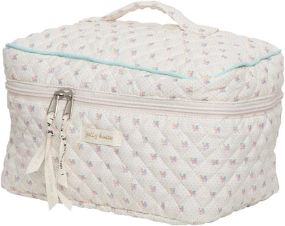 Cessfle Large Capacity Travel Cosmetic Bag Plaid Checkered Makeup Bag Portable Leather Waterproof Skincare Bag with Handle and Divider for Women 01-Pink