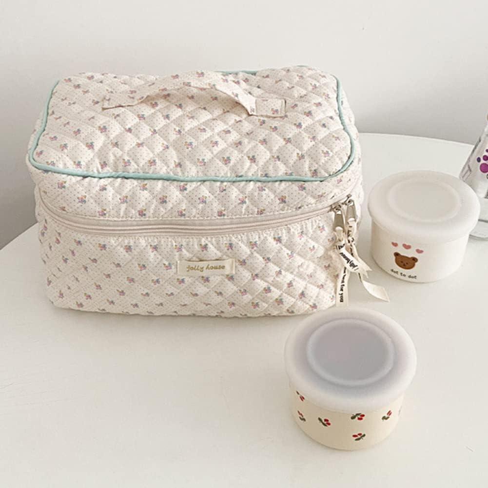Cessfle Large Capacity Travel Cosmetic Bag Plaid Checkered Makeup Bag Portable Leather Waterproof Skincare Bag with Handle and Divider for Women 01-Pink