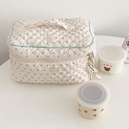 Cessfle Large Capacity Travel Cosmetic Bag Plaid Checkered Makeup Bag Portable Leather Waterproof Skincare Bag with Handle and Divider for Women 01-Pink