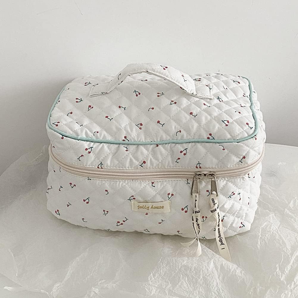 Cessfle Large Capacity Travel Cosmetic Bag Plaid Checkered Makeup Bag Portable Leather Waterproof Skincare Bag with Handle and Divider for Women 01-Pink