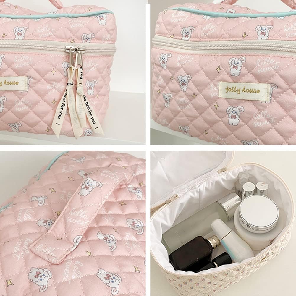 Cessfle Large Capacity Travel Cosmetic Bag Plaid Checkered Makeup Bag Portable Leather Waterproof Skincare Bag with Handle and Divider for Women 01-Pink