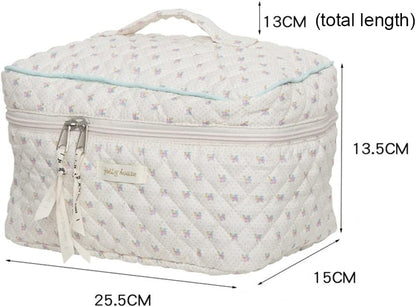 Cessfle Large Capacity Travel Cosmetic Bag Plaid Checkered Makeup Bag Portable Leather Waterproof Skincare Bag with Handle and Divider for Women 01-Pink